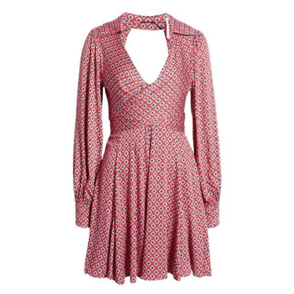 New Free People Long-Sleeve Wrap Dress Open Back & Tie Detail in Red Geometric S - Picture 1 of 11